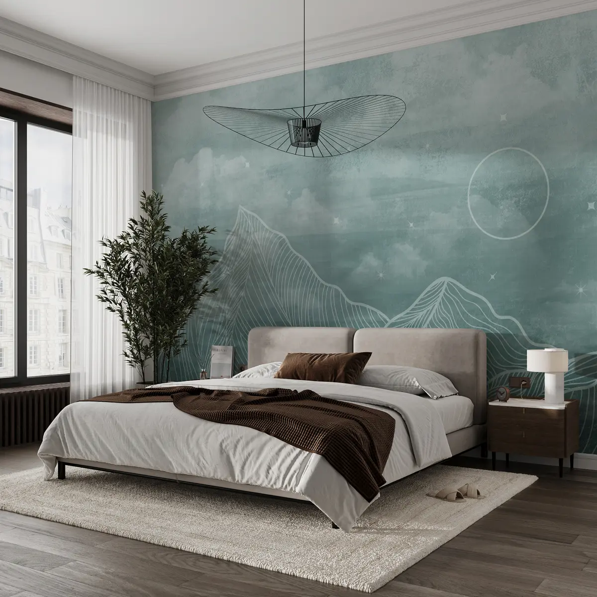 murais de parede Textura grunge com nuvens e montanhas, cor água-marinha, arte com tema da natureza u98838