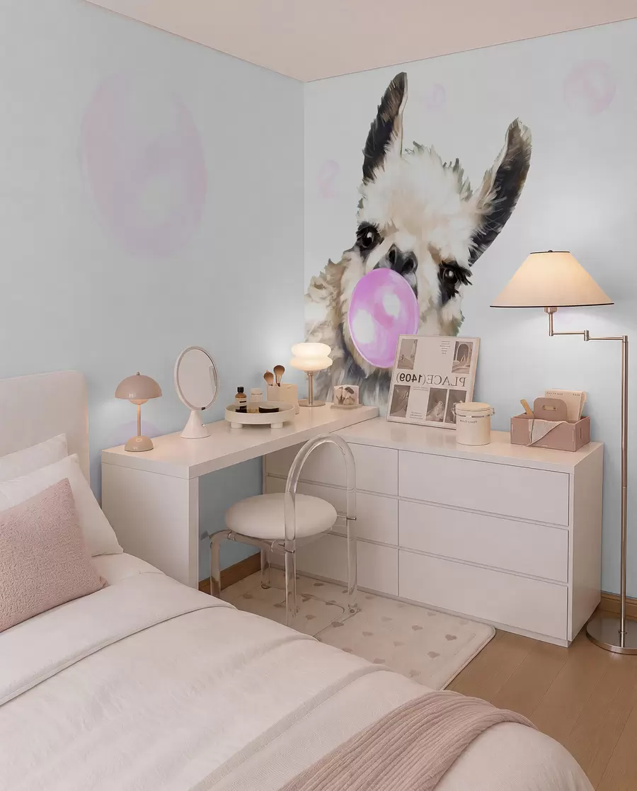 murais de parede Lhama engraçada e bolhas cor-de-rosa u98952
