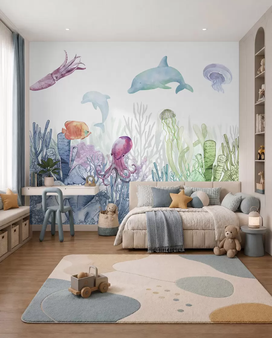 murais de parede Vida marinha subaquática, Animais marinhos, Aguarela, Corais, Golfinho, Polvo u98899