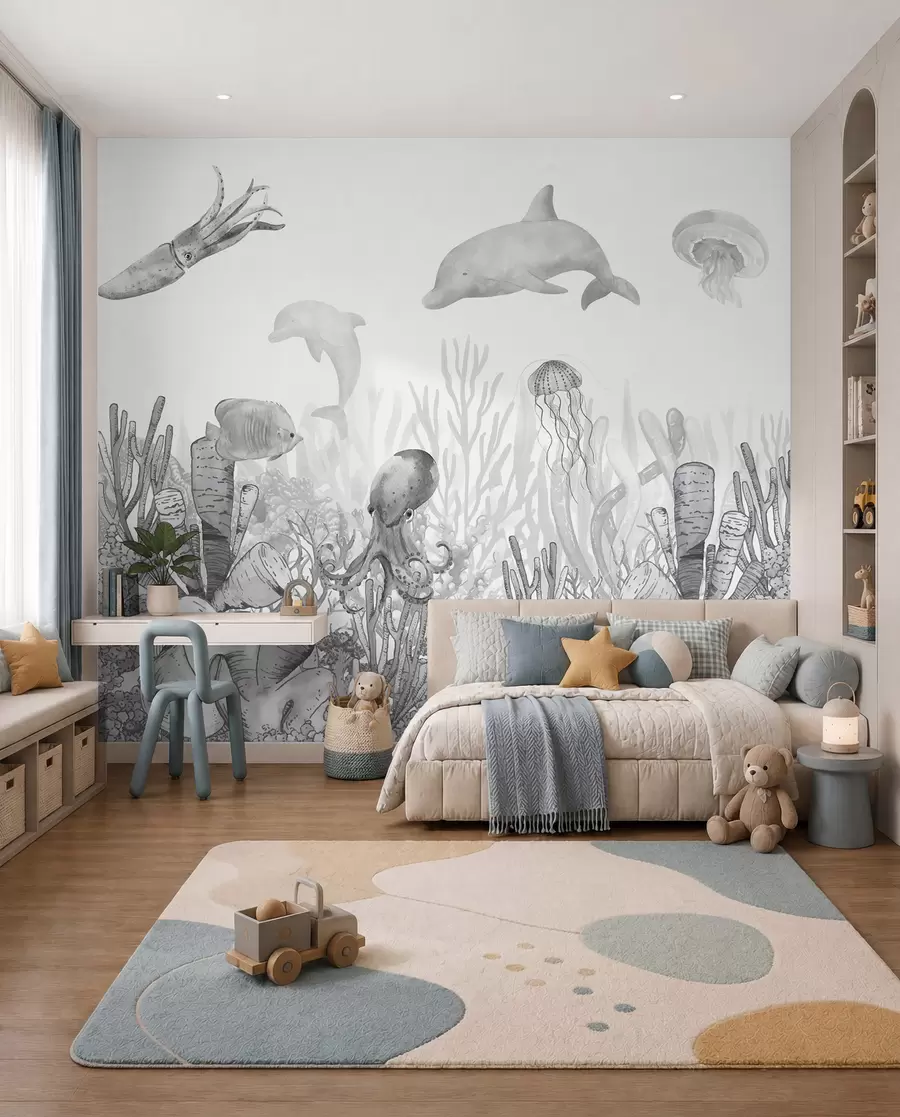 murais de parede Vida marinha subaquática, animais marinhos, aguarela de cor cinzenta, corais, golfinho, polvo u98899v1