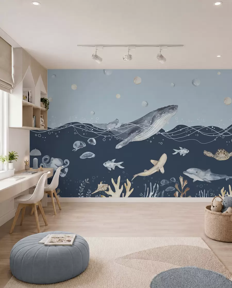 murais de parede Vida marinha subaquática, baleia, golfinho, corais, animais marinhos, tema do oceano, cores pastel u98902