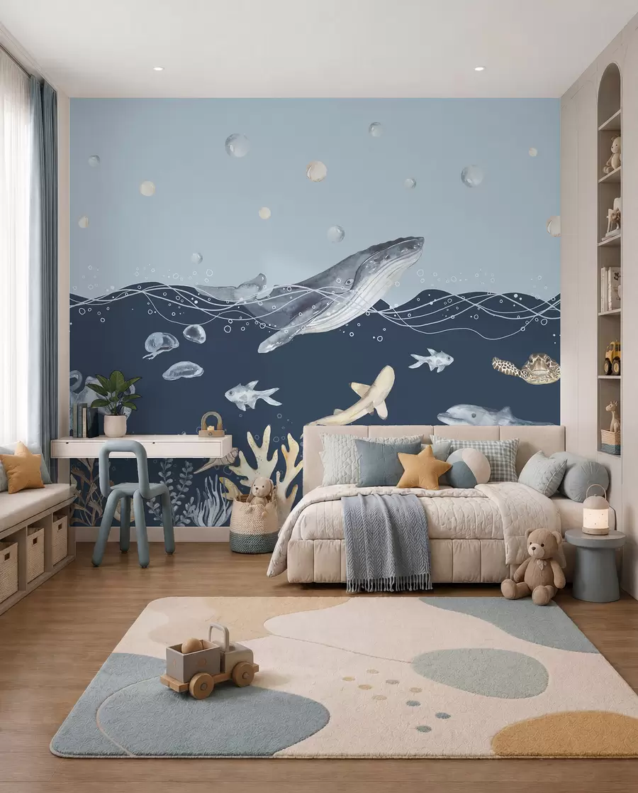 murais de parede Vida marinha subaquática, baleia, golfinho, corais, animais marinhos, tema do oceano, cores pastel u98902