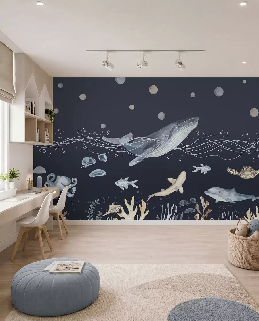 murais de parede Vida marinha subaquática, baleia, golfinho, corais, animais marinhos, bege e azul u98902v1