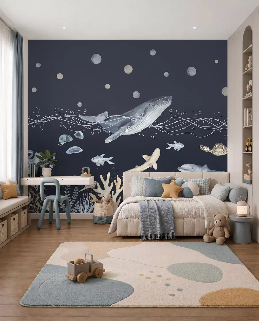 murais de parede Vida marinha subaquática, baleia, golfinho, corais, animais marinhos, bege e azul u98902v1