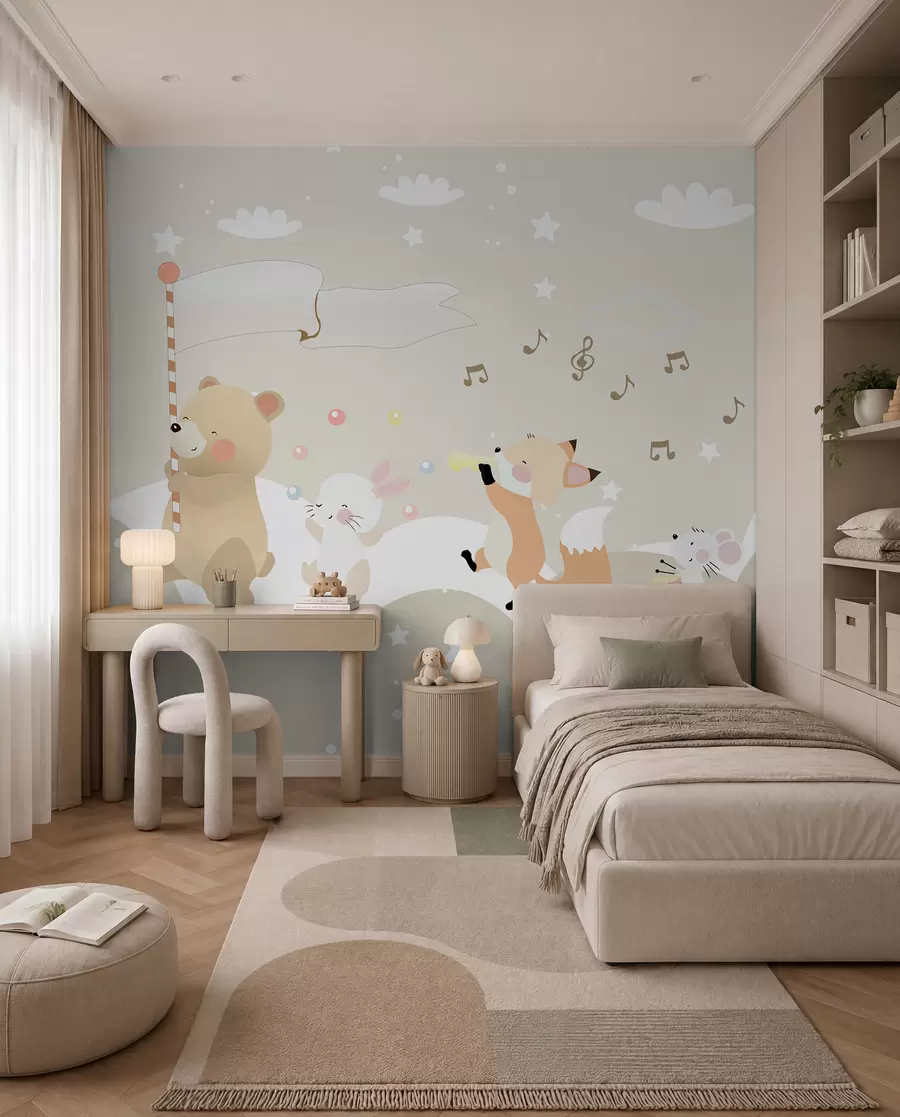 murais de parede Design de papel de parede para quarto de criança com animais giros em tons de cor-de-rosa u98969