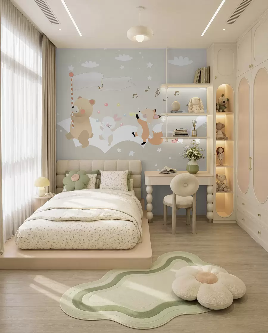 murais de parede Design de papel de parede para quarto de criança com animais giros em tons de cor-de-rosa u98969