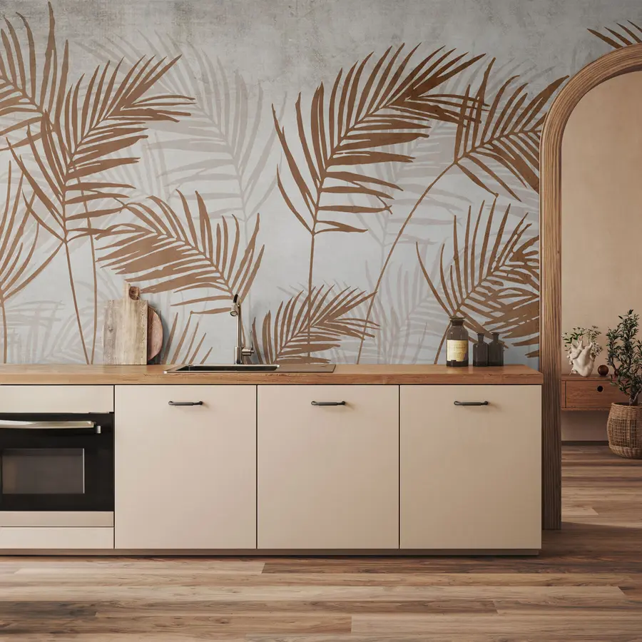 murais de parede Desenho de papel de parede com árvores tropicais e folhas na floresta enevoada u98974