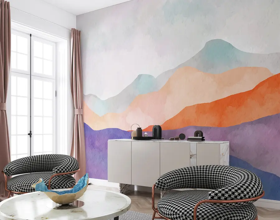 murais de parede Paisagem montanhosa, desenho abstrato, estilo boho, laranja, púrpura, azul u98991
