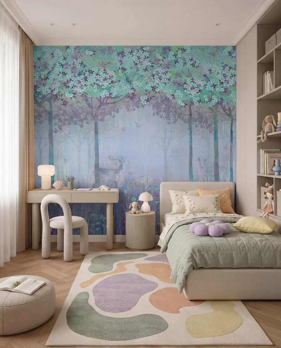 murais de parede Cervo num bosque azul florido u62100v1