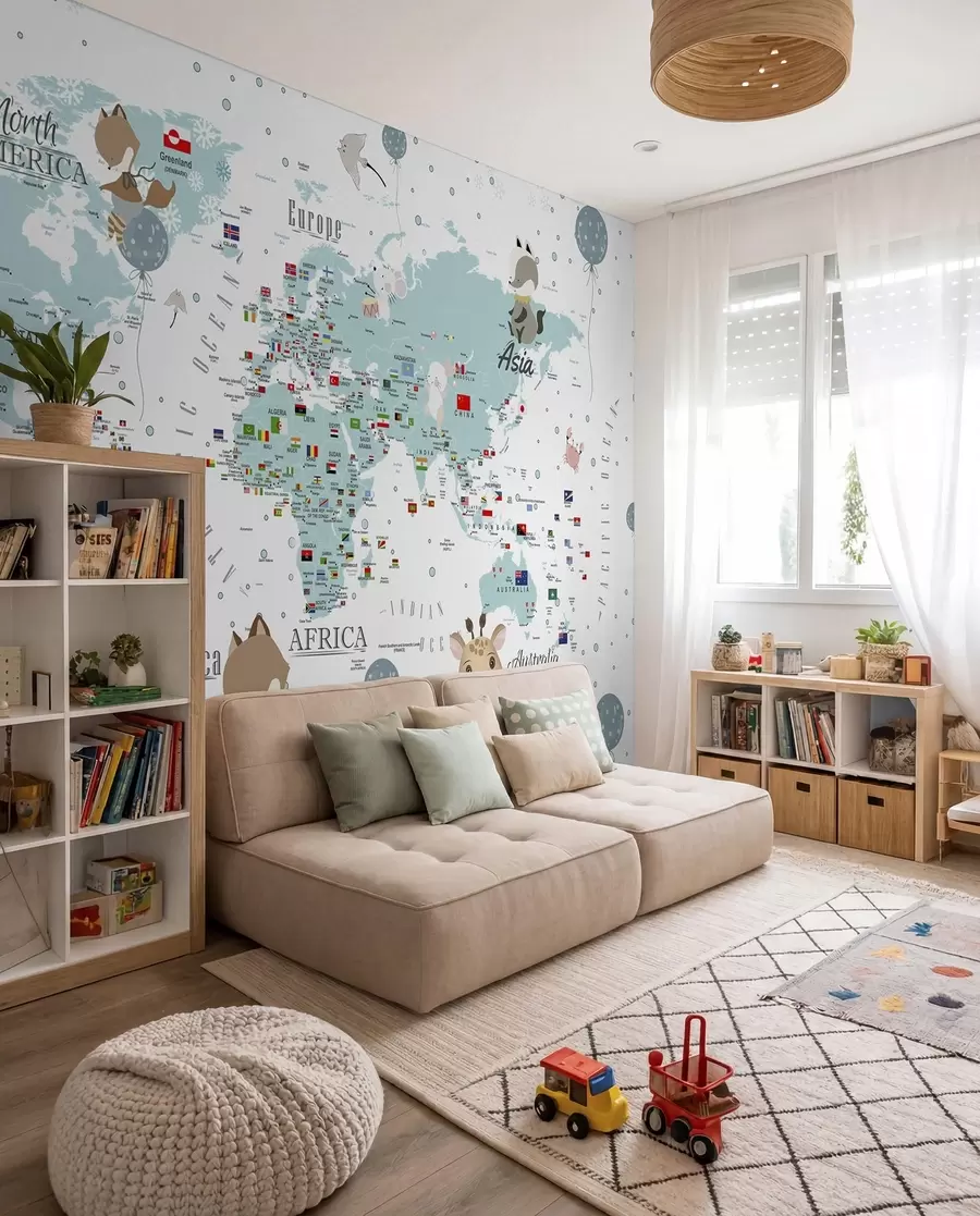 murais de parede Mapa-mundo infantil com animais u99228