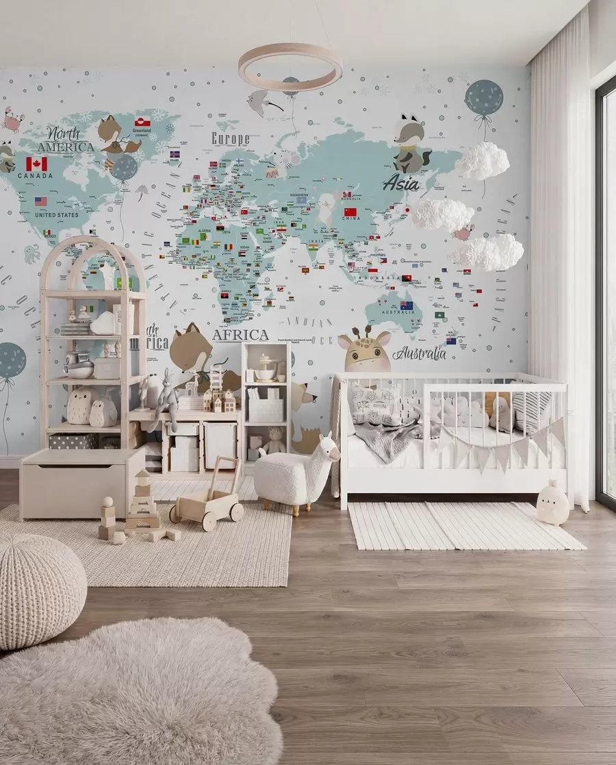murais de parede Mapa-mundo infantil com animais u99228