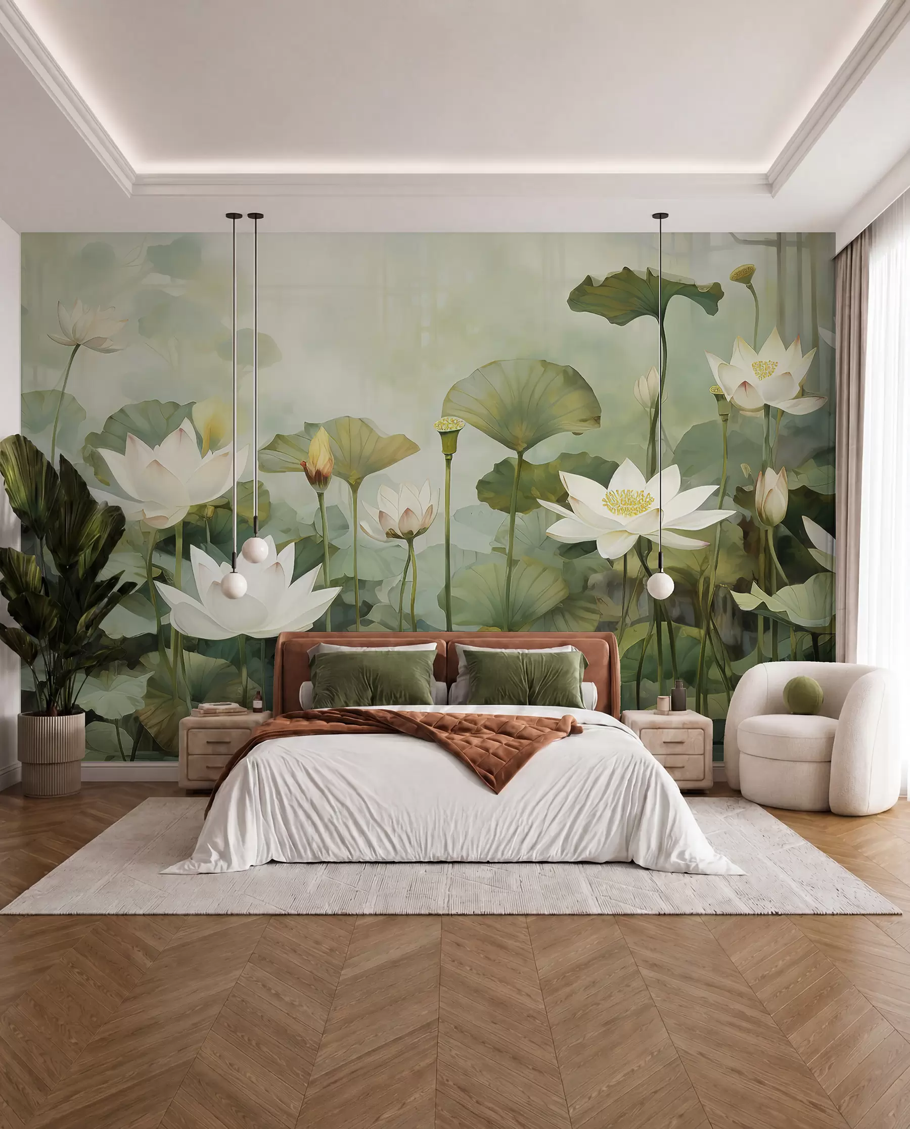 murais de parede Flores de lótus no lago, selva, arte tropical, vegetação u99454d1