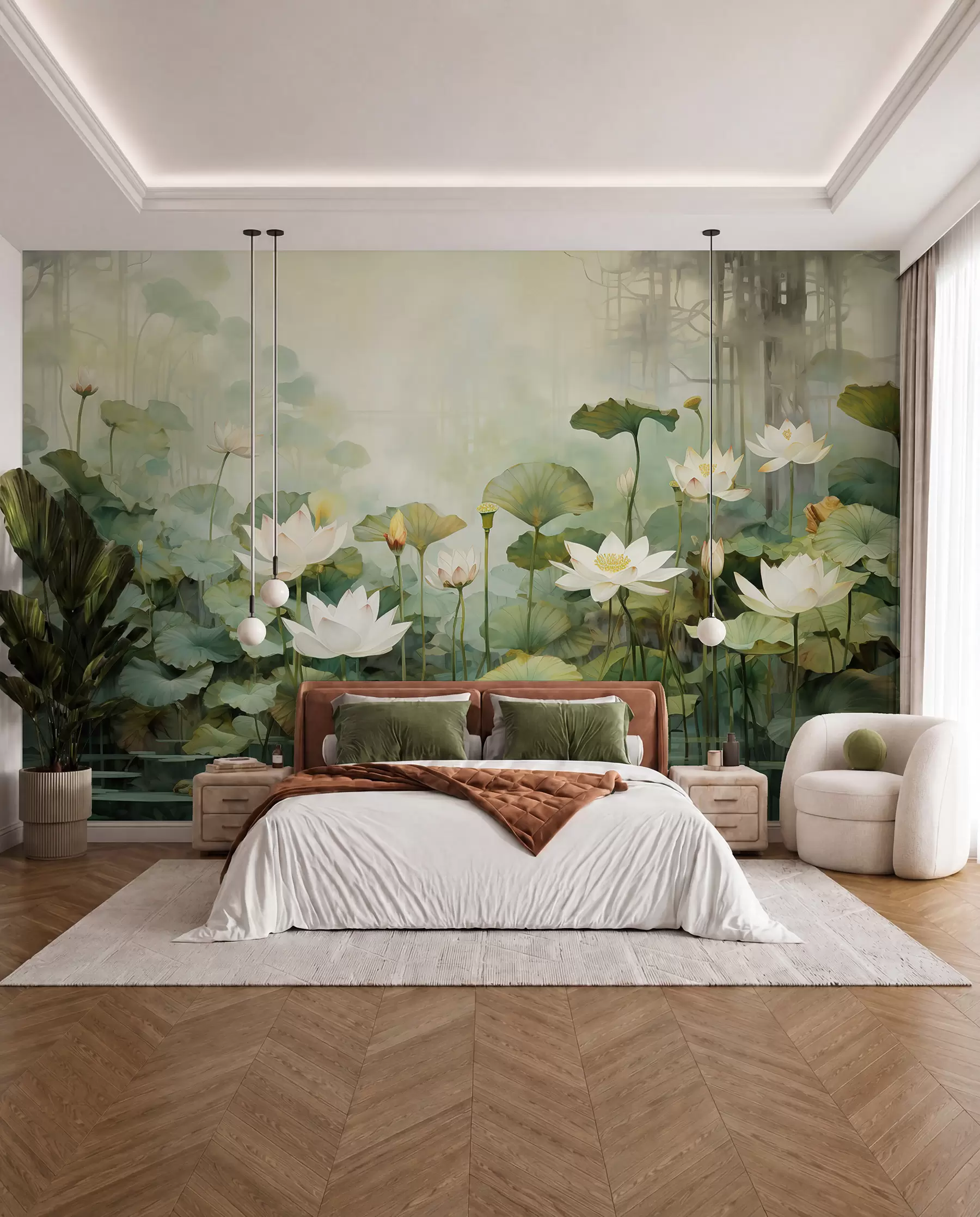 murais de parede Flores de lótus no lago, selva, arte tropical, vegetação u99454