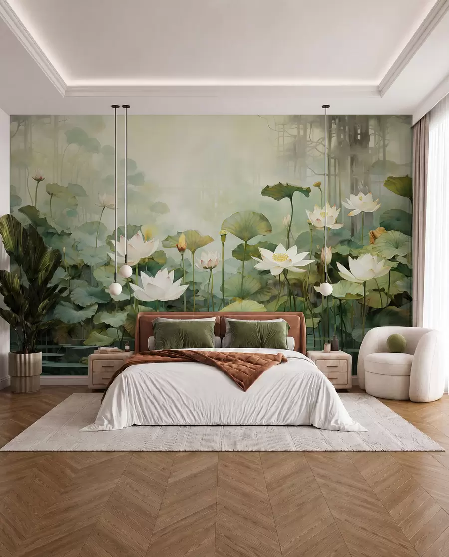 murais de parede Flores de lótus no lago, selva, arte tropical, vegetação u99454