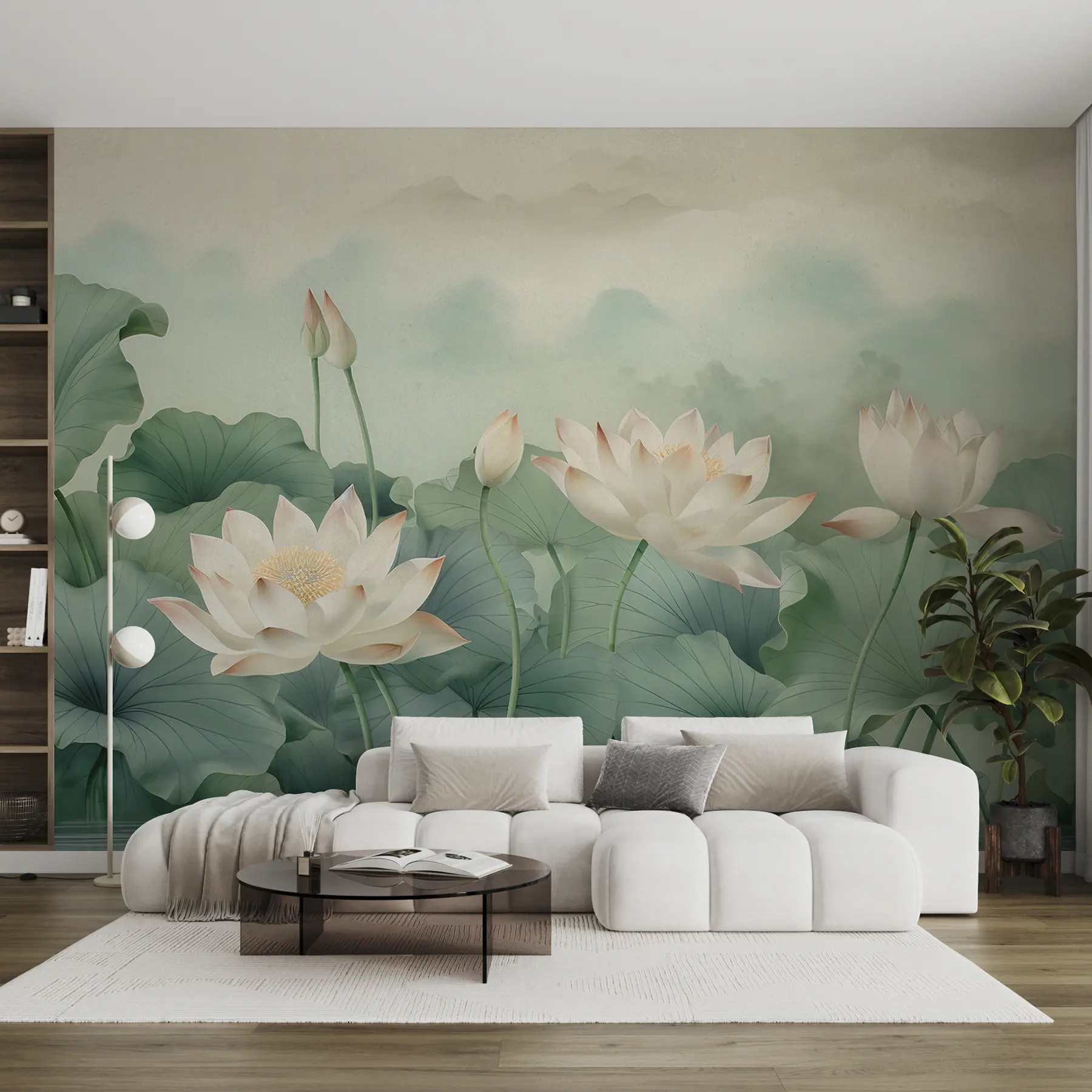 murais de parede Flores de lótus no lago, névoa, arte tropical, vegetação u99455