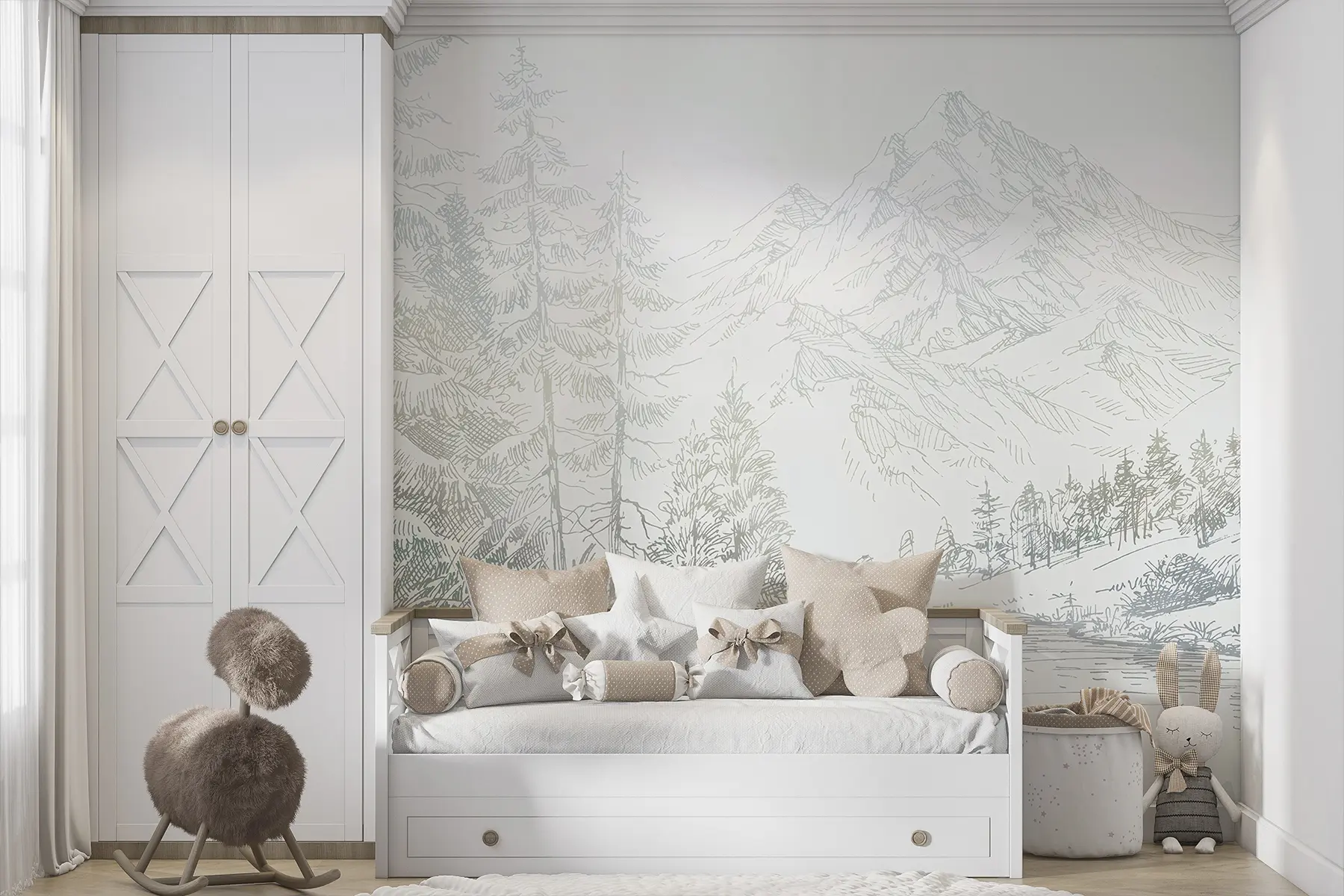 murais de parede Paisagem de montanhas alpinas, minimalismo, cores verdes u99569