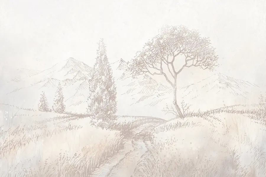 murais de parede Paisagem da Toscana, árvore, campo, minimalismo, cores bege naturais u99570