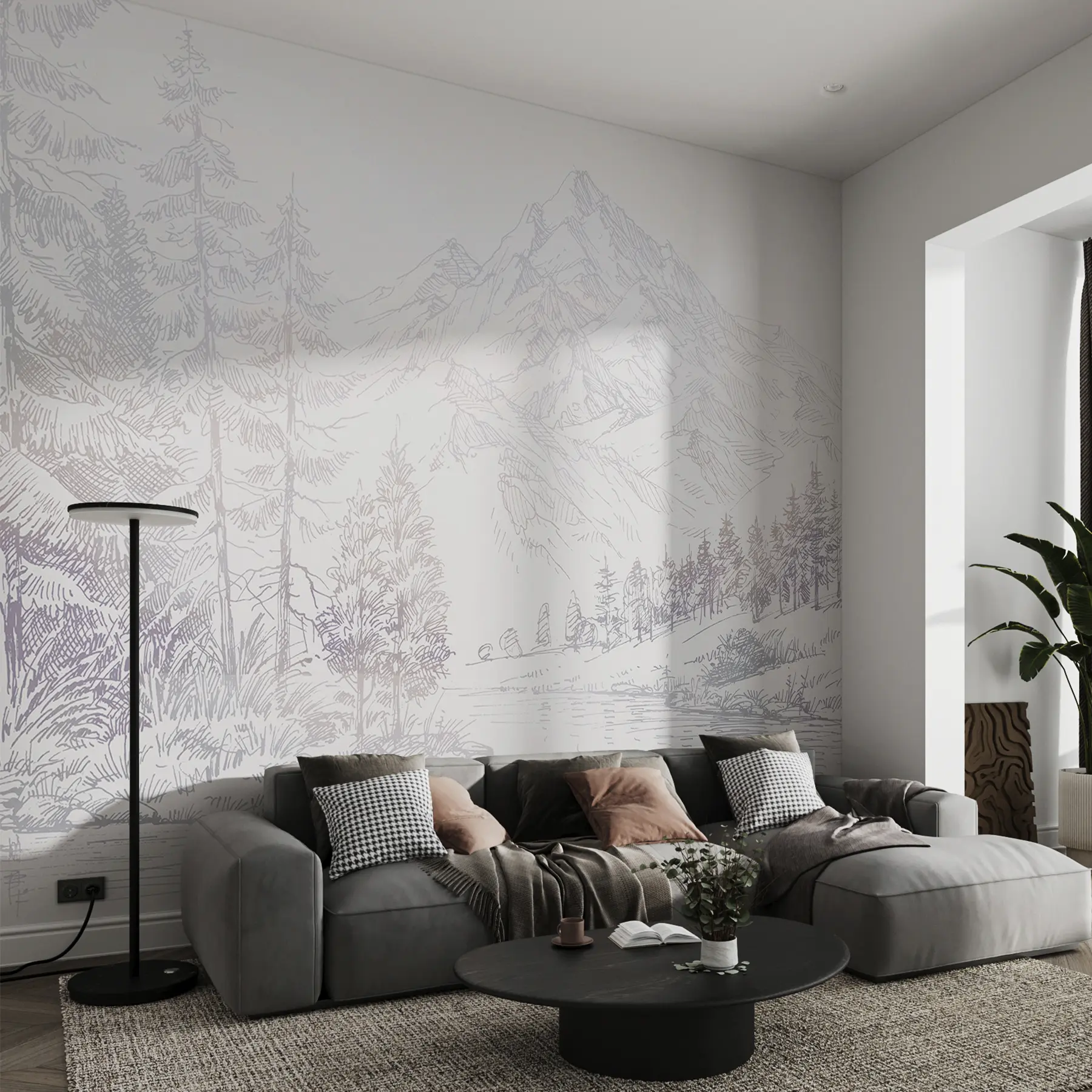 murais de parede Paisagem de montanhas alpinas, minimalismo, cores púrpura u99569v1