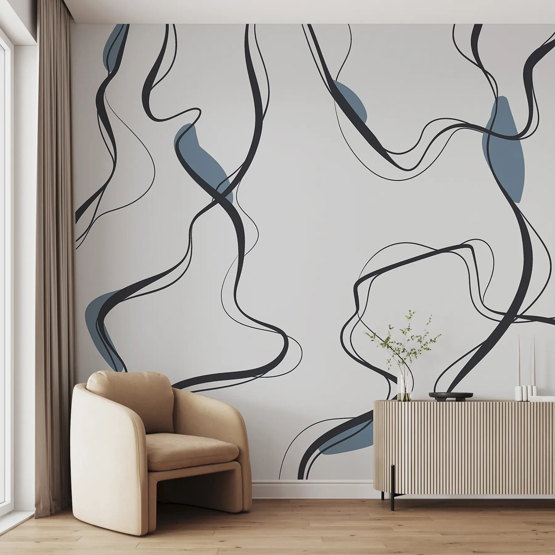 murais de parede Desenho artístico a tinta, padrão abstrato, linhas geométricas, cinzento e azul u99659