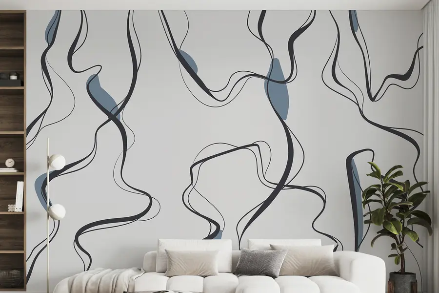 murais de parede Desenho artístico a tinta, padrão abstrato, linhas geométricas, cinzento e azul u99659