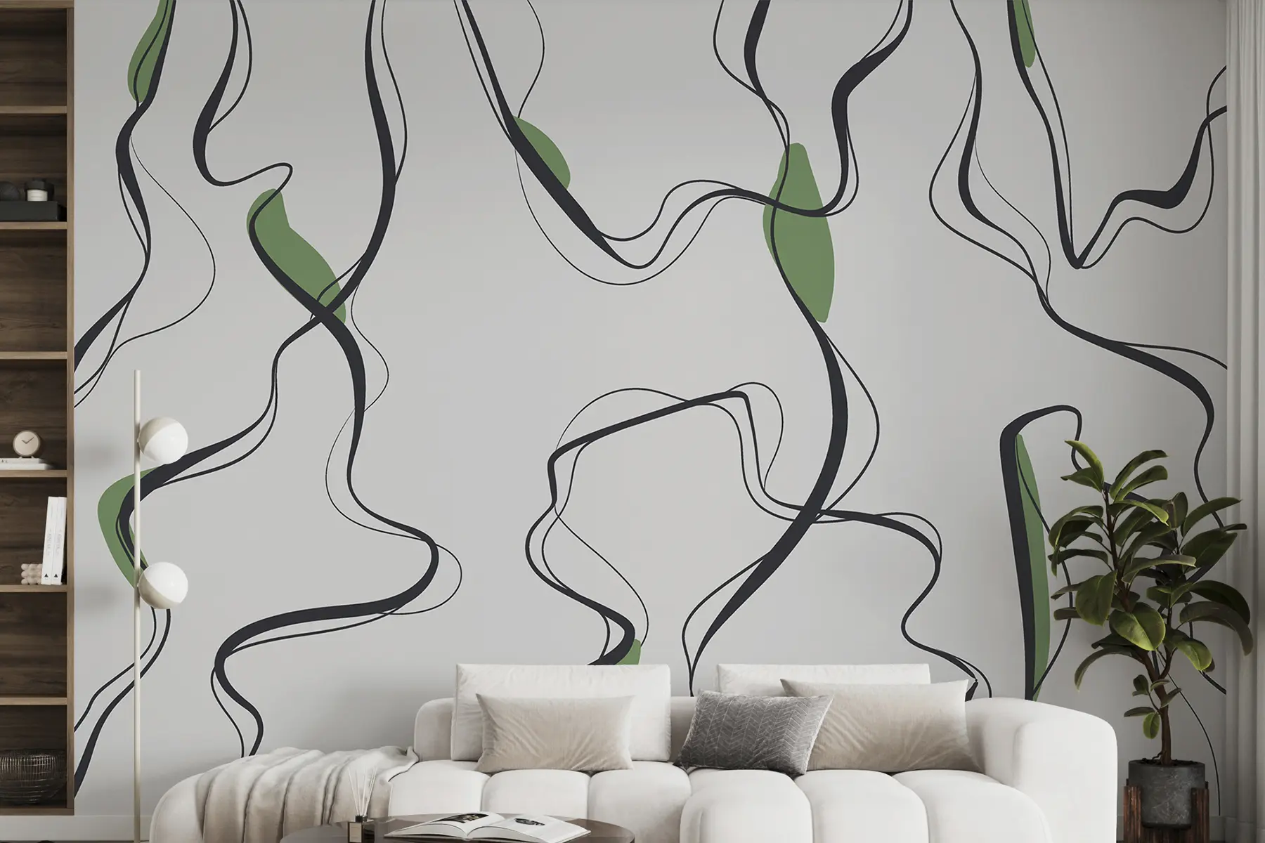 murais de parede Desenho artístico a tinta, padrão abstrato, linhas geométricas, cinzento e verde u99659v2