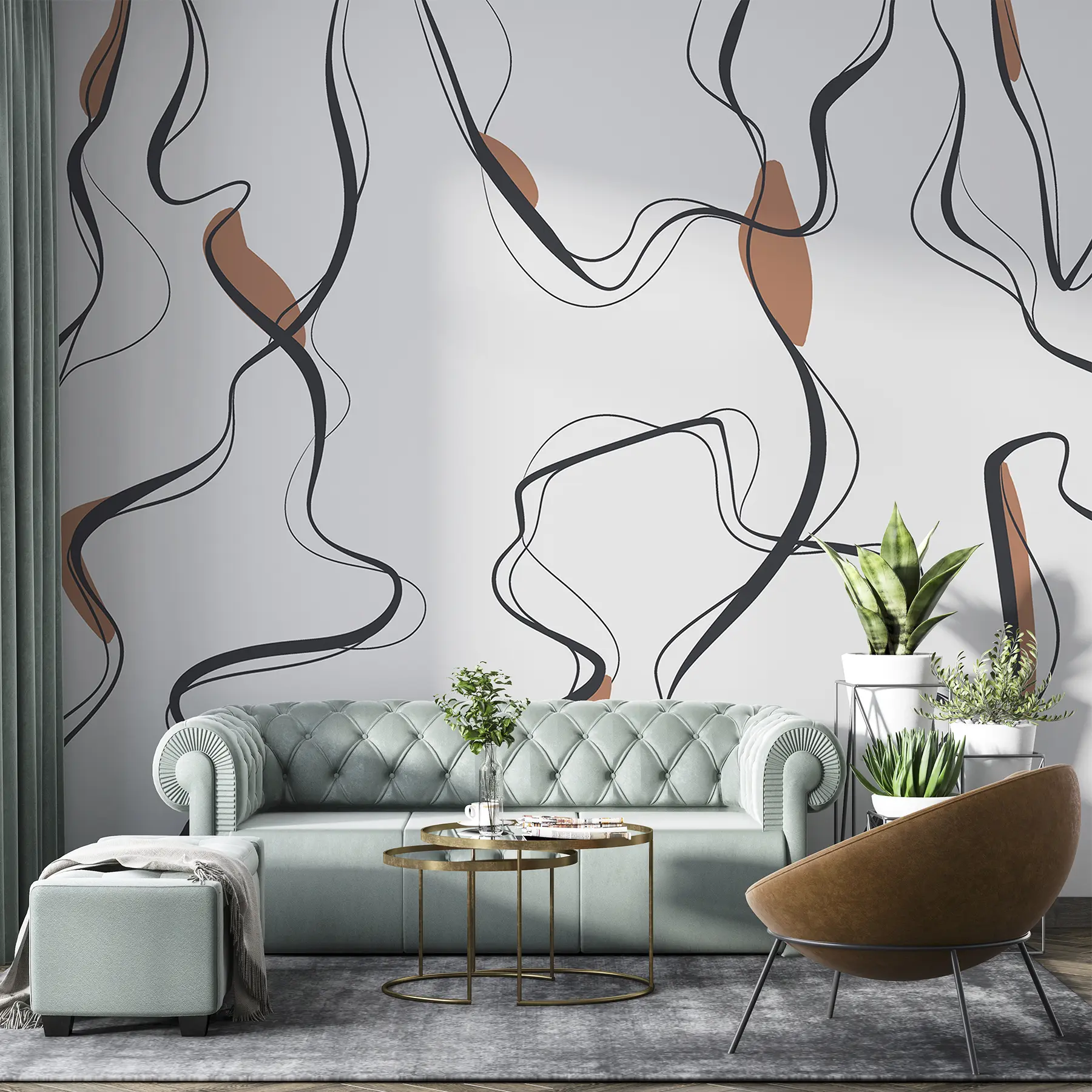 murais de parede Desenho artístico a tinta, padrão abstrato, linhas geométricas, cinzento e laranja u99659v3