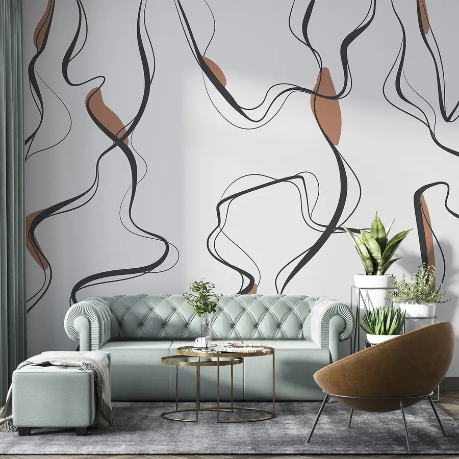 murais de parede Desenho artístico a tinta, padrão abstrato, linhas geométricas, cinzento e laranja u99659v3